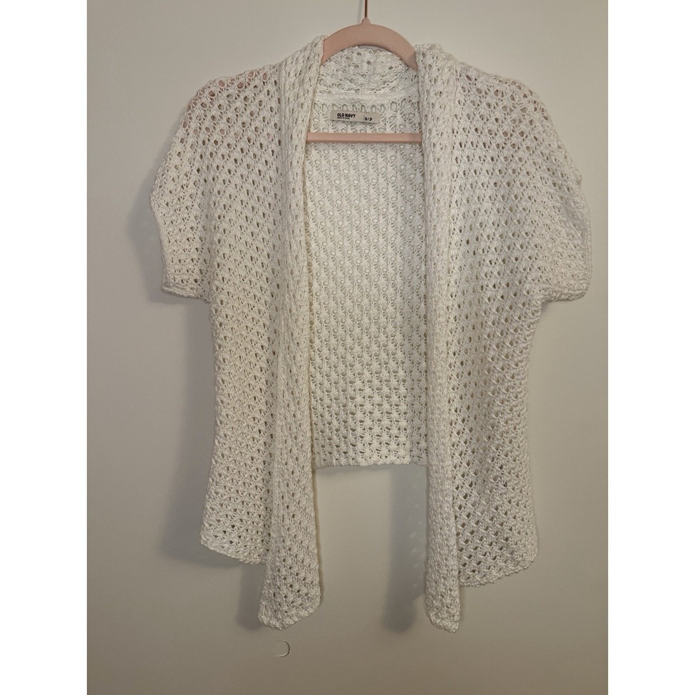 Old Navy Open Knit Crochet Cardigan - White Short Sleeve Draped Sweater - Size S